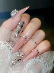 10 Peças Adesivos de Unhas Postiças Falsas com Camada de Selagem de Fototerapia e Strass, Suprimentos de Unhas Adesivas