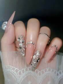 10 Peças Adesivos de Unhas Postiças Falsas com Camada de Selagem de Fototerapia e Strass, Suprimentos de Unhas Adesivas