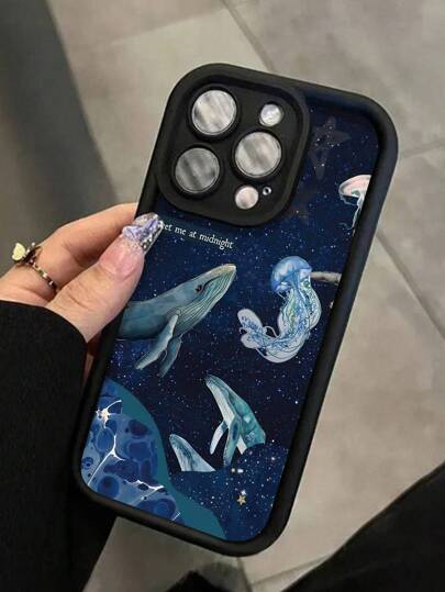 Beach 1pc Deep Sea Jellyfish & Whale Pattern Black Fine Sand Anti-Shock Anti-Fingerprint Full Coverage Phone Case Compatible With IPhone