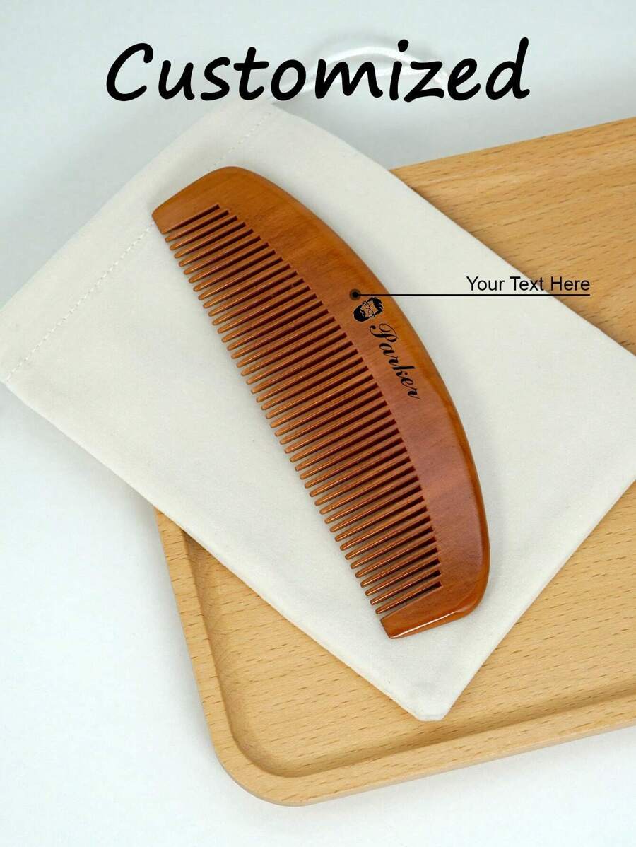 1 件个性化定制木质发梳，防静电木质发刷，带束口袋，激光雕刻定制姓名，适用于梳理和造型卷发、细软发、粗硬发、波浪发或直发 - 细齿天然木梳，女士护发，干湿两用，便携式扁平梳，旅行必备，朋友礼物，毕业礼物，男士礼物，父亲节礼物，多功能，装饰性，字母，纯色，精致，时尚，复古，现代，多彩，休闲，基础款，独特，定制，个性化，定制，送给她的理想礼物，女朋友，她，祖父母，家人，男朋友，朋友，圣诞节美容配件