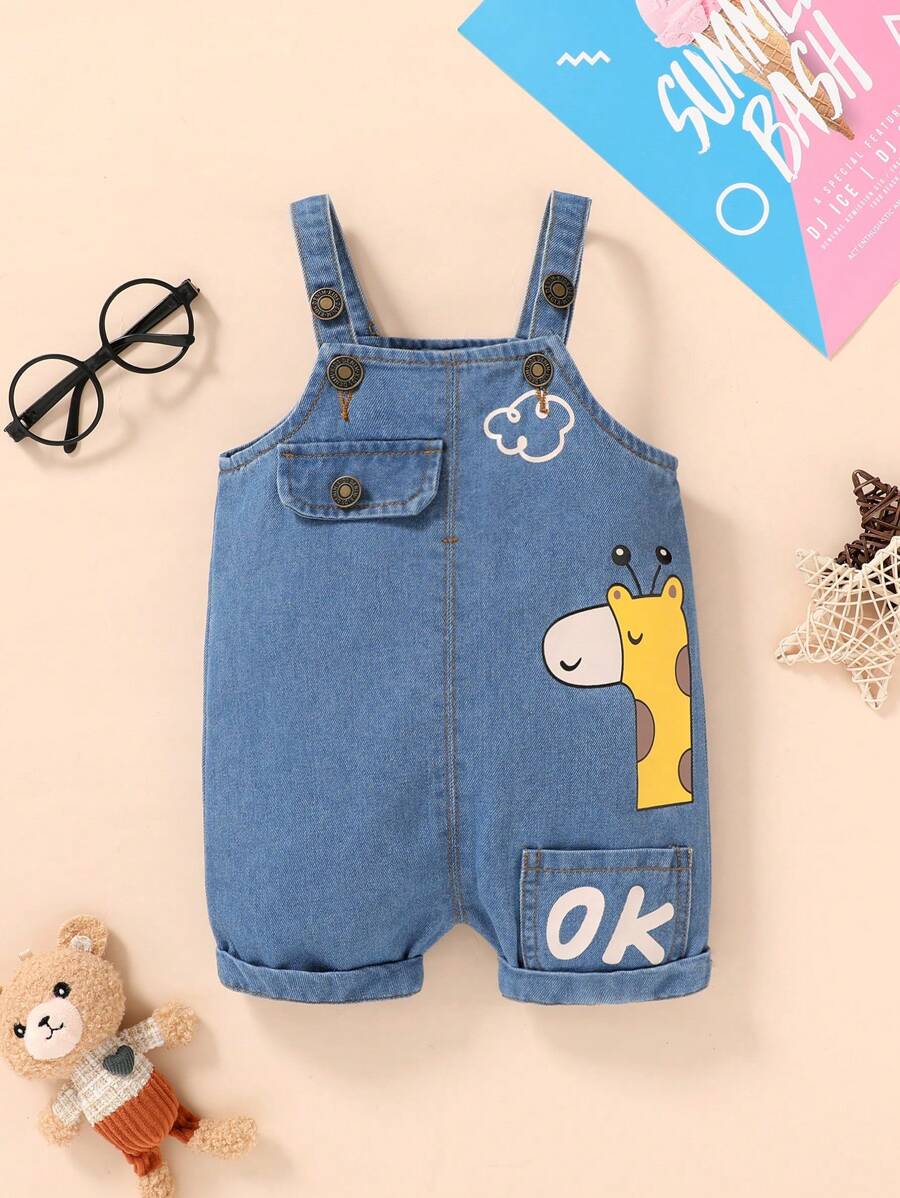 Weiche und bequeme Denim-Overall-Shorts für Kleinkind-Jungen mit Cartoons, Tier- und Buchstaben-Muster. Geeignet für lässige Sommer-, Urlaubs- und Partykleidung.