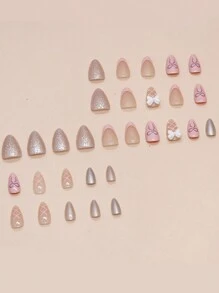 24 peças Unhas de Amêndoa Curtas Brancas Simples Estilo Francês com design de laço + 1 peça de cola Jelly + 1 lixa de unha - Multicolorido - Visão 2