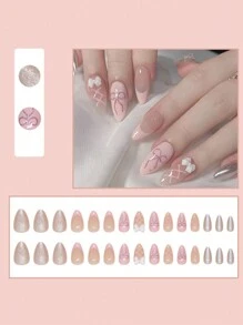 24 peças Unhas de Amêndoa Curtas Brancas Simples Estilo Francês com design de laço + 1 peça de cola Jelly + 1 lixa de unha - Multicolorido - Visão 5