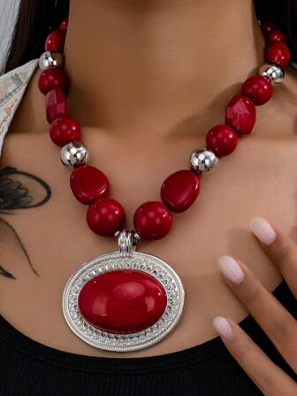 1pc Retro Western Bohemian Oversized Red Beaded Oval Pendant Metal Chain Necklace