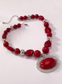 1 pieza Collar con cadena de metal con colgante ovalado rojo grande y retrô bohemio con cuentas