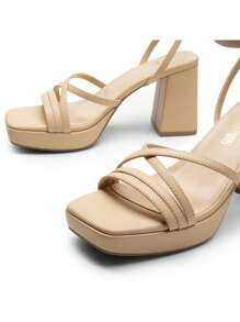 Women High Platform Heeled Sandals Fashionable Multi Strap Chunky Heel Square Toe Sandals Ankle Strap Party Sandals Y2K Dress Shoes