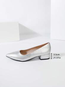 New Spring/Autumn Silver Crocodile Pattern Chunky Heel Women's Shoes With Low Vamp Pointed Toe, Simple And Comfortable For Commuting - Silver - View 6