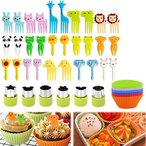 42pcs Reusable Silicone Lunch Box Divider Bento Box Accessories With Silicone Cupcake Liners, Fruit Pickers, And Forks - Includes Food Picks School Supplies,Christmas Gift