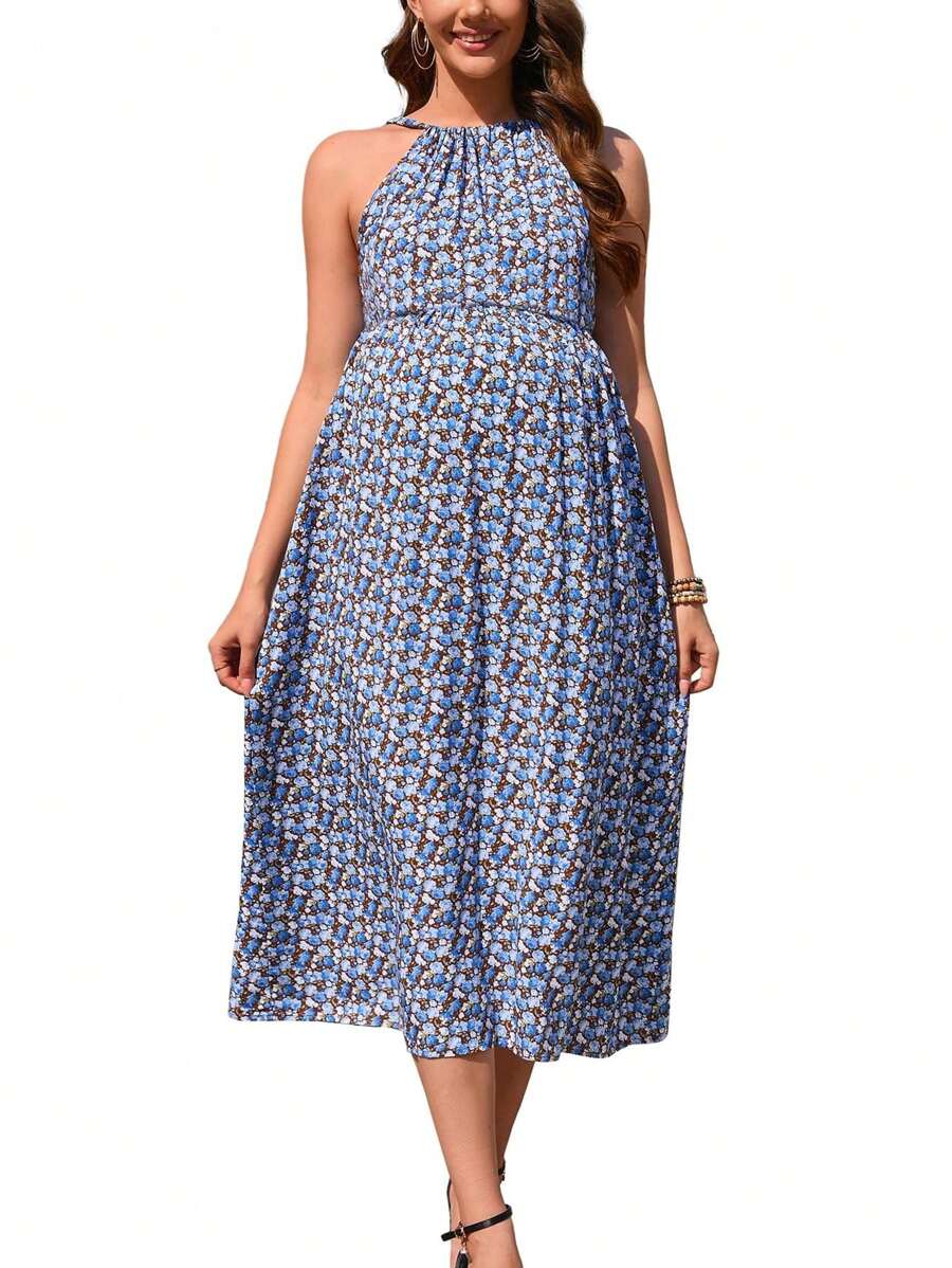Women Maternity Halter Neck Summer Casual Sundress Sleeveless Boho Ruched Back Strap Flowy Maxi Dress Baby Shower