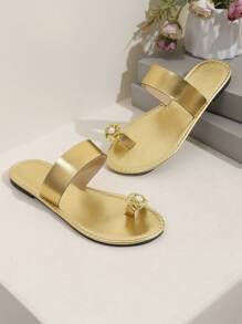 Novas Mulheres Moda Casual Praia Cor Sólida Dourado Crab Apple Flor Decoração Chinelos - Ouro - Ver 7