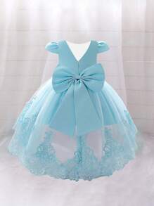 女婴缎面薄纱拖尾蓬蓬裙，后背蝴蝶结装饰，优雅大方，适合生日派对穿着，不含发带 - 藍色 - 查看 2