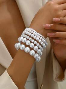 6pcs Set French Elegant Retro Faux Pearl Beaded Bracelet Set - White - View 3