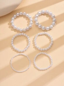 6pcs Set French Elegant Retro Faux Pearl Beaded Bracelet Set - White - View 5