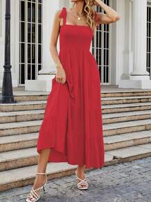Women's Casual Sleeveless Sundress Summer Boho Spaghetti Strap Square Neck Solid Color Ruffle A Line Beach Sun Dress Smocked Tiered Long Maxi Dress - 紅色 - 查看 3