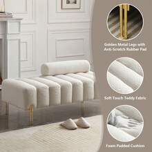 Teddy Fabric Ottoman Bench End Of Bed Channel Tufted Bedroom Window Entryway Benches Rectangle Sherpa Upholstered Living Room Footrest Sofa Stool With Golden Metal Legs - trắng - Xem 2