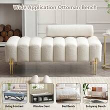 Teddy Fabric Ottoman Bench End Of Bed Channel Tufted Bedroom Window Entryway Benches Rectangle Sherpa Upholstered Living Room Footrest Sofa Stool With Golden Metal Legs - trắng - Xem 6