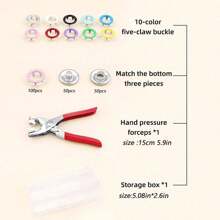 50 件彩色金属 5 爪按扣套件，0.37 英寸空心金属爪夹带钳子，1 个固定工具和储物盒，颜色随机，适用于 DIY 服装纺织缝纫工艺品（颜色随机）