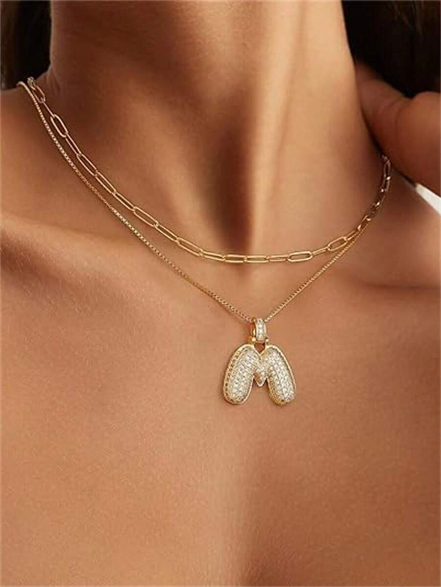 2入組時尚、高貴、優雅的女士風格鍍金立體氣泡字母鑽石吊墜項鍊套裝，女性首飾，配有可調節鏈條，是給女友、妻子、母親、家人和朋友的完美生日或周年紀念日禮物，適合全天佩戴。 - 金色 - 查看 1