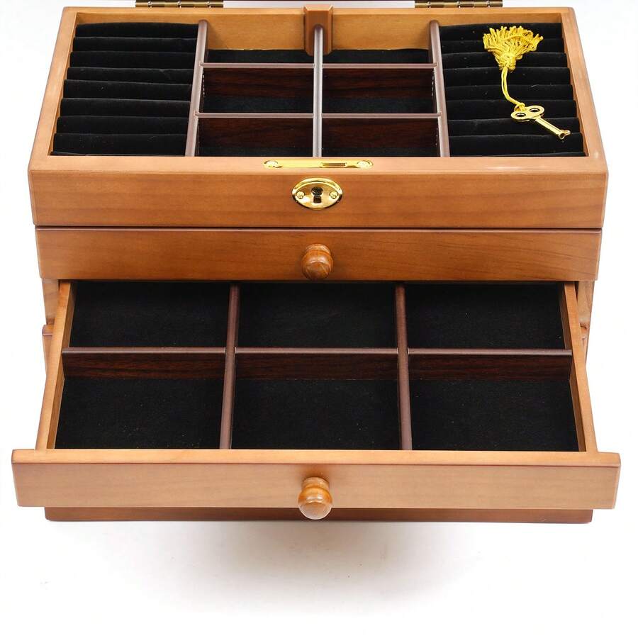 6 层大号珠宝盒，带 5 个抽屉和镜子，复古手镯项链戒指收纳盒，可上锁木制珠宝盒，适合女士女孩，11.6x7.3x9.8 英寸，返校宿舍收纳 - 棕色 - 查看 1