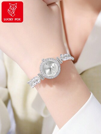 LUCKYFOX LUCKYFOX Quartz Watch For Women, Elegant And Fashionable With A Green Leaf Fine Strap, Studded With Rhinestones, Round Dial, Pull Adjustment Chain, Suitable For Daily Wear, Gift For Couples And Valentine's Day Gifts As A Gift For Students Returning To School