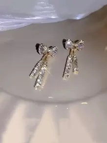 Hoa tai thả hình nơ pha lê cho phụ nữ sang trọng lấp lánh Cubic Zirconia hoa tai tua dài trang sức cao cấp Quà tặng Valentine, Mẹ, Mẹ, Ngày của Mẹ, Quà tặng - Vàng - Xem 3