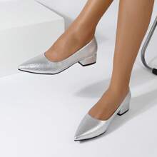 New Spring/Autumn Silver Crocodile Pattern Chunky Heel Women's Shoes With Low Vamp Pointed Toe, Simple And Comfortable For Commuting - Silver - View 15