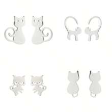 4 Pairs Of Japanese And Korean Minimalist Cute Stainless Steel Small Animal Stud Earrings, French Style, Fashionable Cat And Small Pet Ear Jewelry Earring Set With Four Different Styles