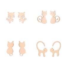 4 Pairs Of Japanese And Korean Minimalist Cute Stainless Steel Small Animal Stud Earrings, French Style, Fashionable Cat And Small Pet Ear Jewelry Earring Set With Four Different Styles
