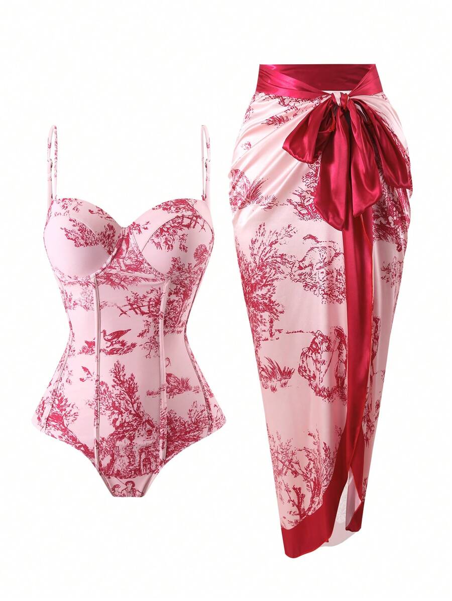 Maiô Modesto de Peça Única com Controle de Barriga, Traje de Banho Estilo Francês Retrô com Saia de Cobertura, Adequado para Férias, Praia, Spa de Verão