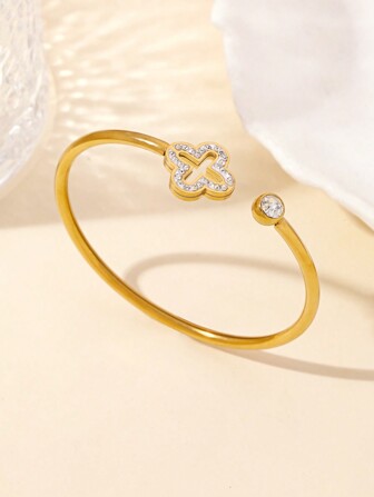 1pc Fashionable Classic Chic Cross Design Mud Diamond C-Shaped Adjustable Stainless Steel Gold Bangle