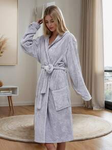 1pc Coral Fleece Solid Color Women's Bathrobe With Pockets, Soft & Absorbent, Can Be Worn As Bathing Robe, Sleepwear - Multicolor - View 4