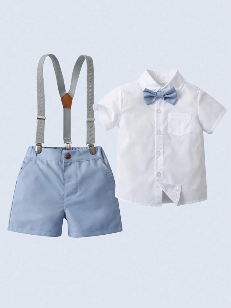 Formelles Outfit Für Kleinkinder - Weißes Hemd Mit Fliege & Hosenträger-Shorts Für Hochzeiten