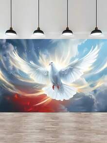 1套和平標誌攝影背景布，聚乙烯材質，帶有天空和神聖光芒背景和鴿子圖案，適用於攝影棚橫幅和派對裝飾 - 彩色 - 查看 4