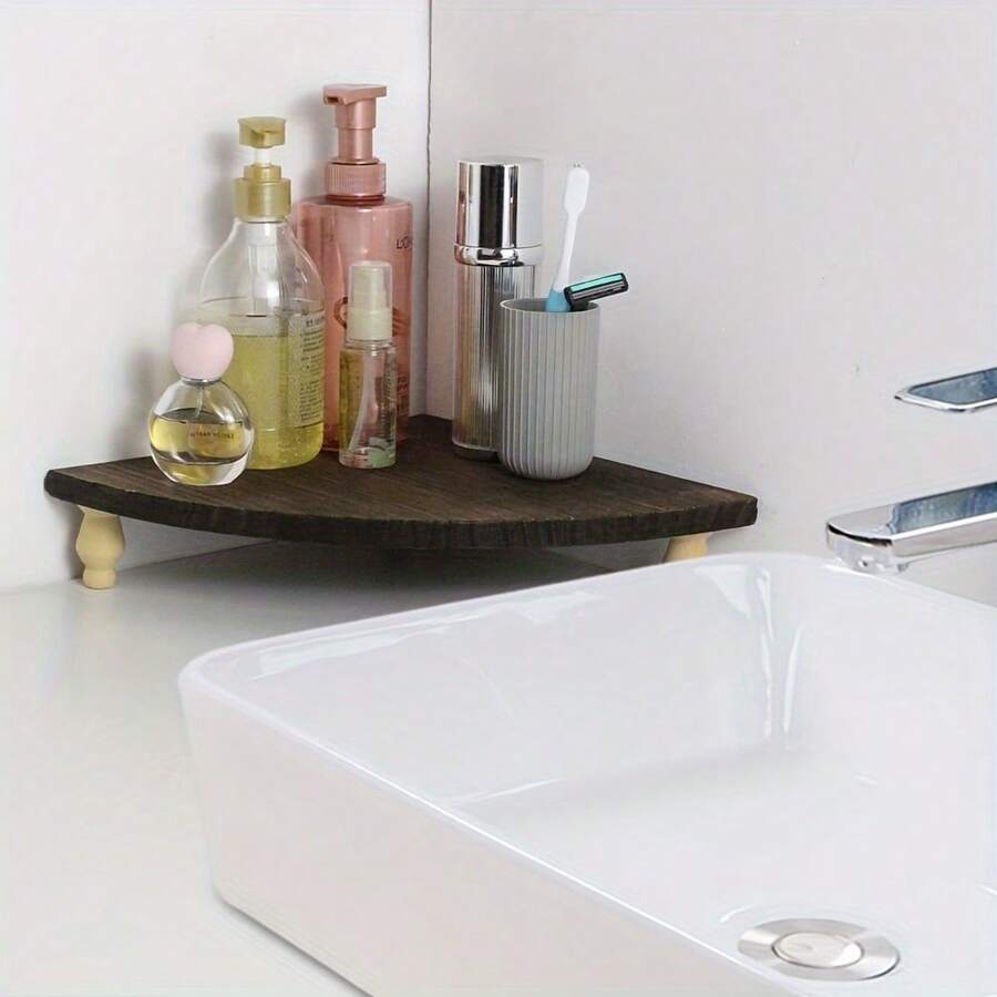 1入木製角落擺設架，鄉村風格底座架，適用於咖啡吧臺、桌面裝飾、廚房、浴室、餐廳裝飾 - 棕色 - 查看 1