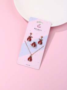 1pc Necklace, 1pc Ring, 2pcs Earrings Girls' Cute Beetle Shaped Zinc Alloy Jewelry Set With Red & Black Acrylic Stones, Suitable For Daily Wear - Multicolor - View 4