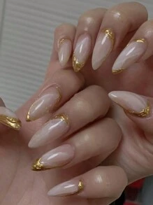 10pcs Handmade Almond-Shaped False Nails In Pure White Marble Design With Gold Line And Cute Colorful Accents, And High-End Style Press On Nails