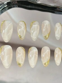 10pcs Handmade Almond-Shaped False Nails In Pure White Marble Design With Gold Line And Cute Colorful Accents, And High-End Style Press On Nails
