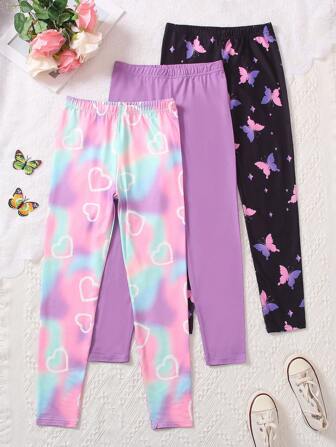 3pcs Tween Girl Casual Pants Set,Solid Color, Tie-Dye, Heart And Butterfly Print Leggings