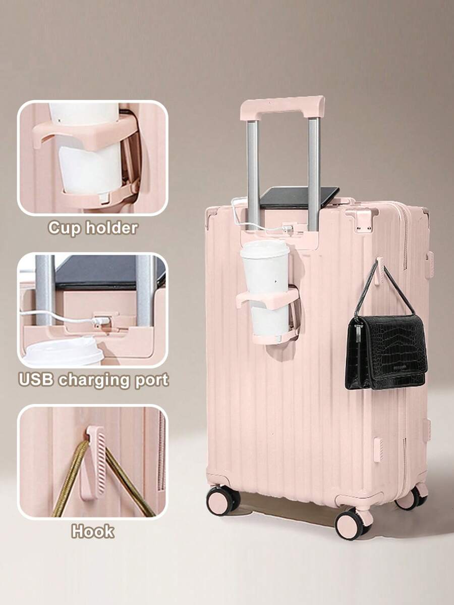 拉杆箱 轻便旅行行李箱 密码行李箱 360°静音万向轮 带杯架行李箱 2个多功能挂钩 4面铝合金防撞角 行李箱内置充电线 充电需自带充电器 款式时尚耐用 学生拉杆箱 商务旅行行李箱 学校旅行 度假旅行 蜜月旅行 出国留学 男士女士男孩女孩送礼理想之选