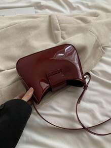 Vintage Simple Commuter Style New Wine-Red Shiny PU Leather Handbag With Adjustable Shoulder Strap, Women's Sparkling Rhinestone And Metal Decoration Crescent-Shaped Shoulder Bag, Suitable For Formal Occasions Such As Parties, Weddings, Gatherings, College Students, Back To School, Campus, Business Trips, Travel, Fashionable Burgundy Bag , Red Bag , Burgundy Bag, Old Money - Burgundy - View 9