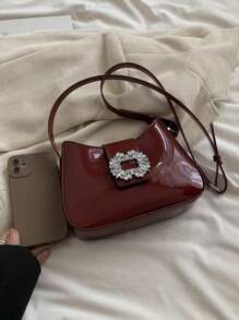Vintage Simple Commuter Style New Wine-Red Shiny PU Leather Handbag With Adjustable Shoulder Strap, Women's Sparkling Rhinestone And Metal Decoration Crescent-Shaped Shoulder Bag, Suitable For Formal Occasions Such As Parties, Weddings, Gatherings, College Students, Back To School, Campus, Business Trips, Travel, Fashionable Burgundy Bag , Red Bag , Burgundy Bag, Old Money - Burgundy - View 8