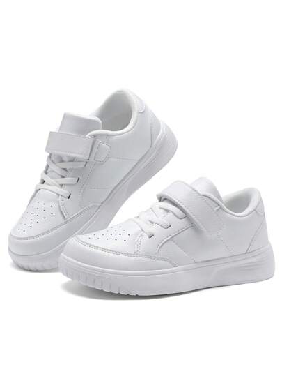 1 Pair Children's Sports Shoes, Boys' Low Vamp Sneakers And Girls' White Shoes, Non-Slip Hook And Loop Comfortable All-Match