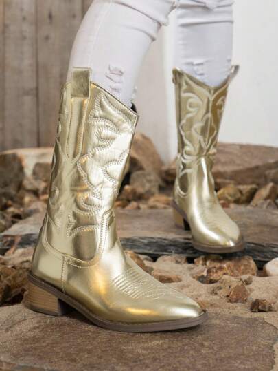 Women's Short Boots Embroidered Leather Surface With Sparkling Gold Color Fashionable New Style Thick Heel Wooden Grain Heel Boots For Music Festivals, Western Style Gold Shoes, Cowboy Boot