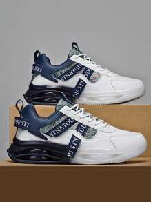 Men's Fashionable Colorblock Sports Shoes, Comfortable Slip-Resistant Casual Lace-Up Shock-Absorption Shoes, Suitable For Outdoor Activities - White and Blue - View 5