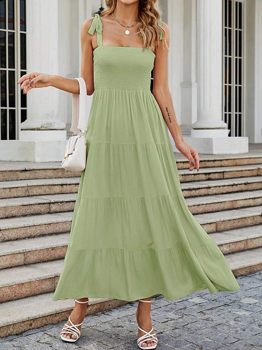 Women's Casual Sleeveless Sundress Summer Boho Spaghetti Strap Square Neck Solid Color Ruffle A Line Beach Sun Dress Smocked Tiered Long Maxi Dress - 綠色 - 查看 1
