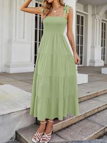 Women's Casual Sleeveless Sundress Summer Boho Spaghetti Strap Square Neck Solid Color Ruffle A Line Beach Sun Dress Smocked Tiered Long Maxi Dress - 綠色 - 查看 4