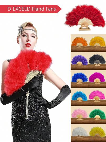 D EXCEED 1PC 手折扇 手工折扇 白色羽毛手扇 中式家居装饰派对舞蹈婚礼装饰配件 工艺礼品 手扇壁饰 万圣节 万圣节配件
