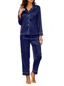 2 Piezas Conjuntos de Pijamas para Mujer de Satén de Seda y Pantalones de Mujer, Pijama de Dos Piezas Pijama con Botones, pijamas de mujer, pijama dama seda, pijamas para pareja, pijama de seda mujer, pijamas familiares, pijamas en satin, pijamas completas - azul real - Ver 7