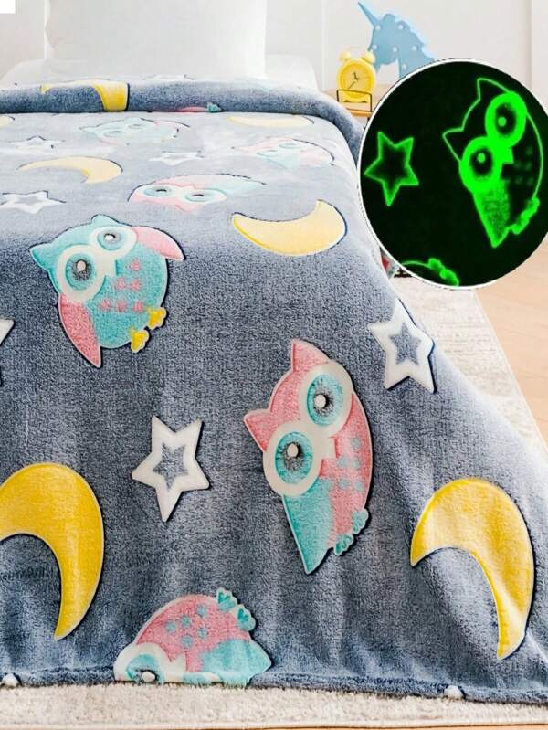 1 peça Cobertor Felpudo Coruja Adorável com Padrão Brilho-No-Escuro, Cobertor de Cama Fofo e Bonito, Manta de Sofá, Manta para Exterior, Cobertor de Ar Condicionado, Cobertor de Carro, Ótimo para Presentear, Presente de Aniversário