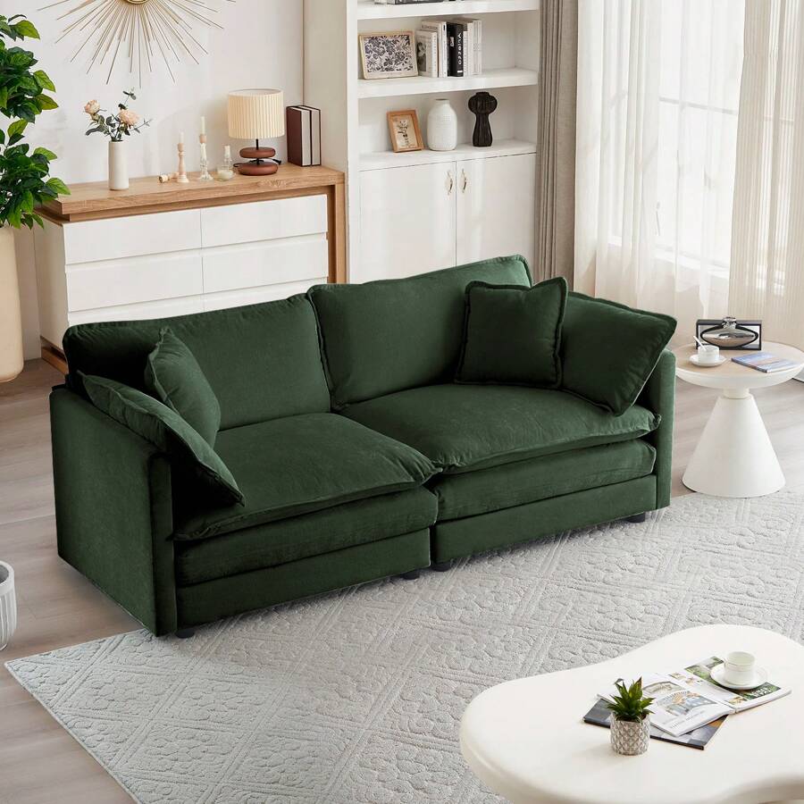 Luxury Loveseat Sofa Couch, 76" Modern Chenille Deep 2-Seater Cloud Couch With 2 Armrest Pillows And 2 Toss Pillows, Love Seat For Living Room Bedroom Office Apartment, Green - 綠色 - 查看 1